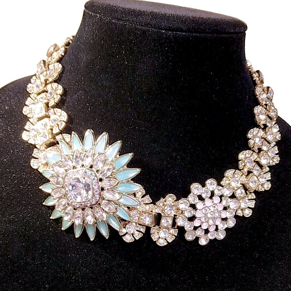Natasha Statement Flower and Rhinestone Bib Necklace,Stunning,Elegant,Floral 16”